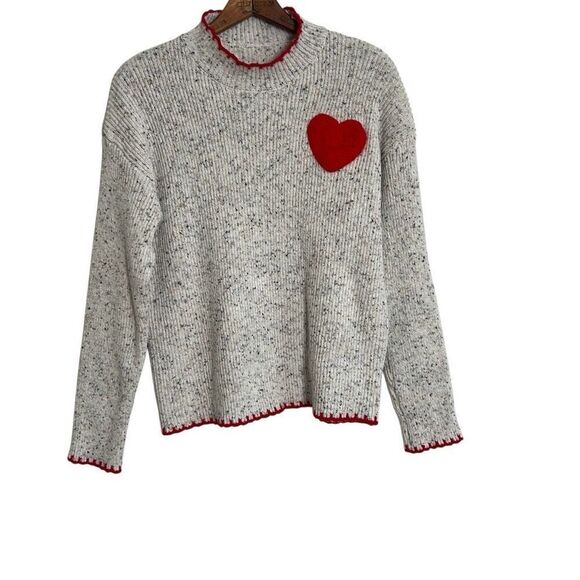 Mock Neck Speckled Ribbed Crochet Heart Pullover Sweater Light Gray Red Medium - Picture 1 of 7